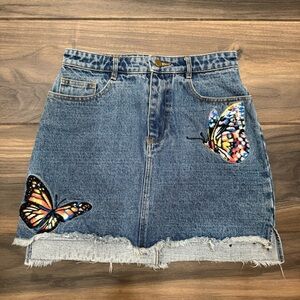 Honey Punch Denim Skirt with Embroidered Butterflies